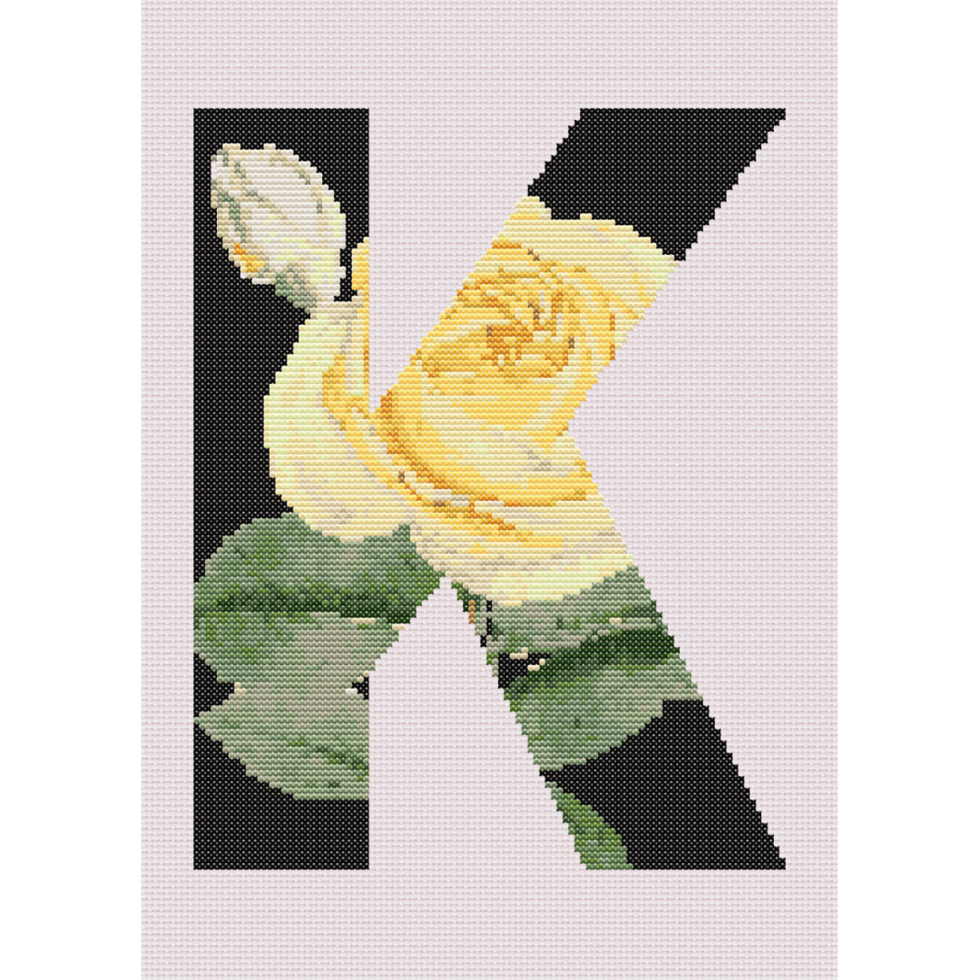 Yellow Rose on Black K Monogram Cross Stitch Pattern