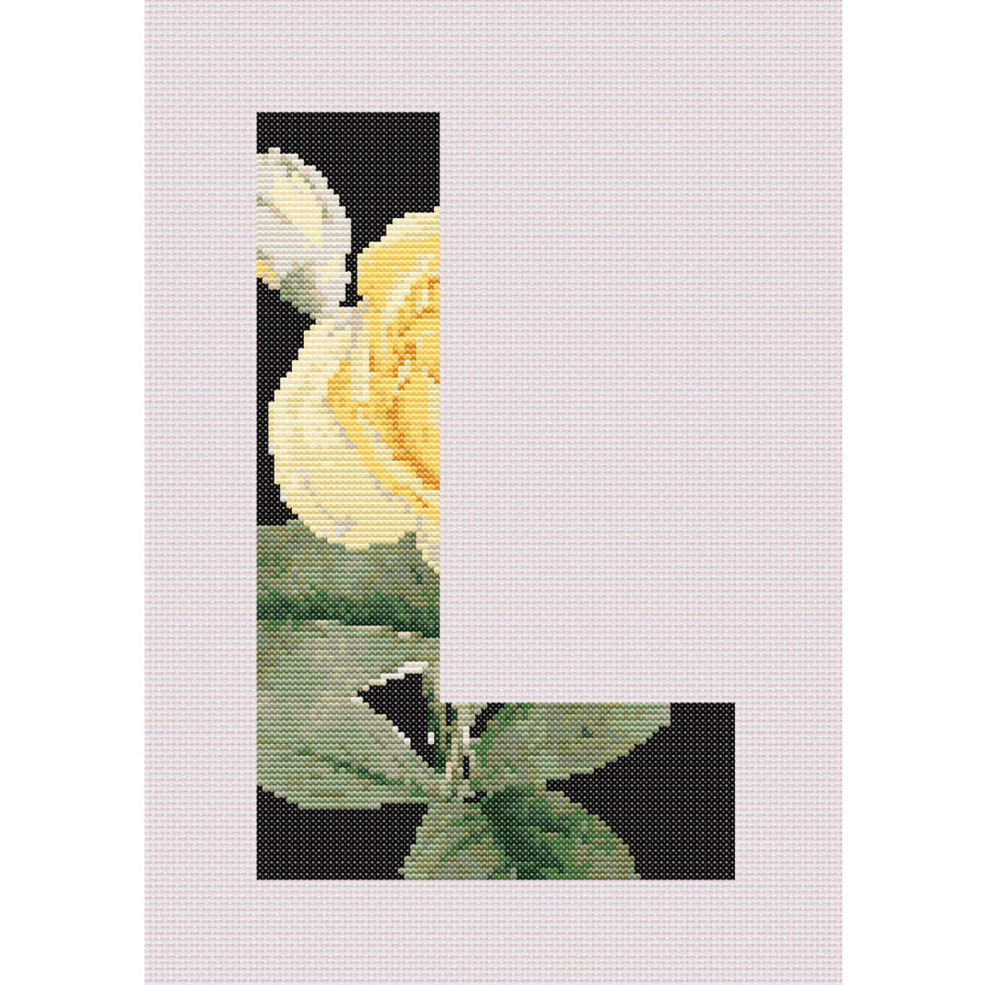 Yellow Rose on Black L Monogram Cross Stitch Pattern