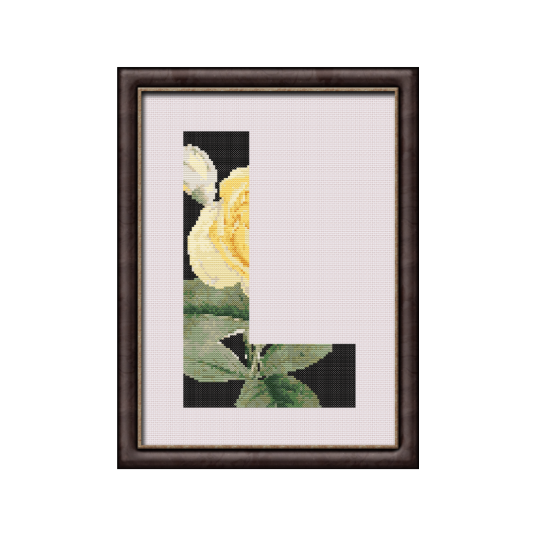 Yellow Rose on Black L Monogram Cross Stitch Pattern