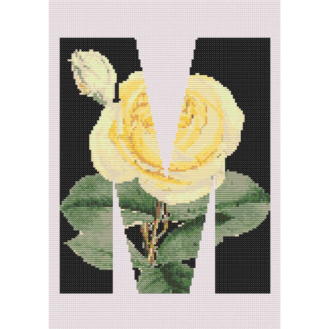 Yellow Rose on Black M Monogram Cross Stitch Pattern