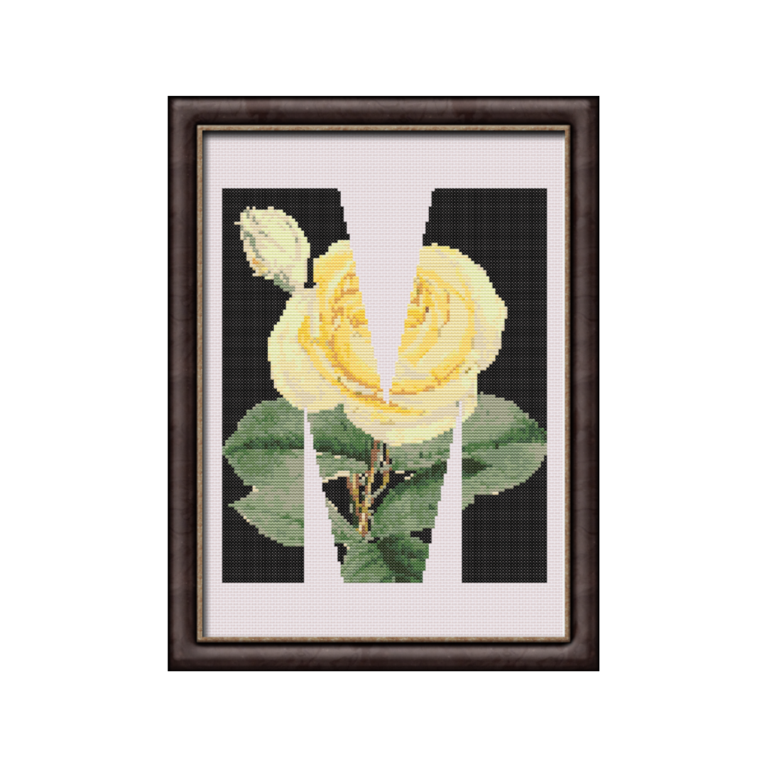 Yellow Rose on Black M Monogram Cross Stitch Pattern