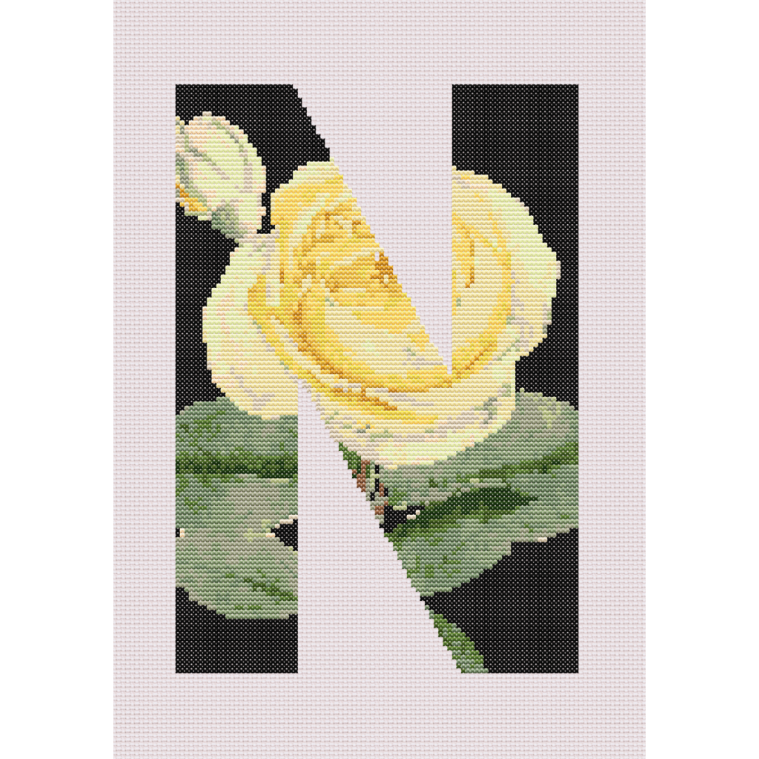Yellow Rose on Black N Monogram Cross Stitch Pattern