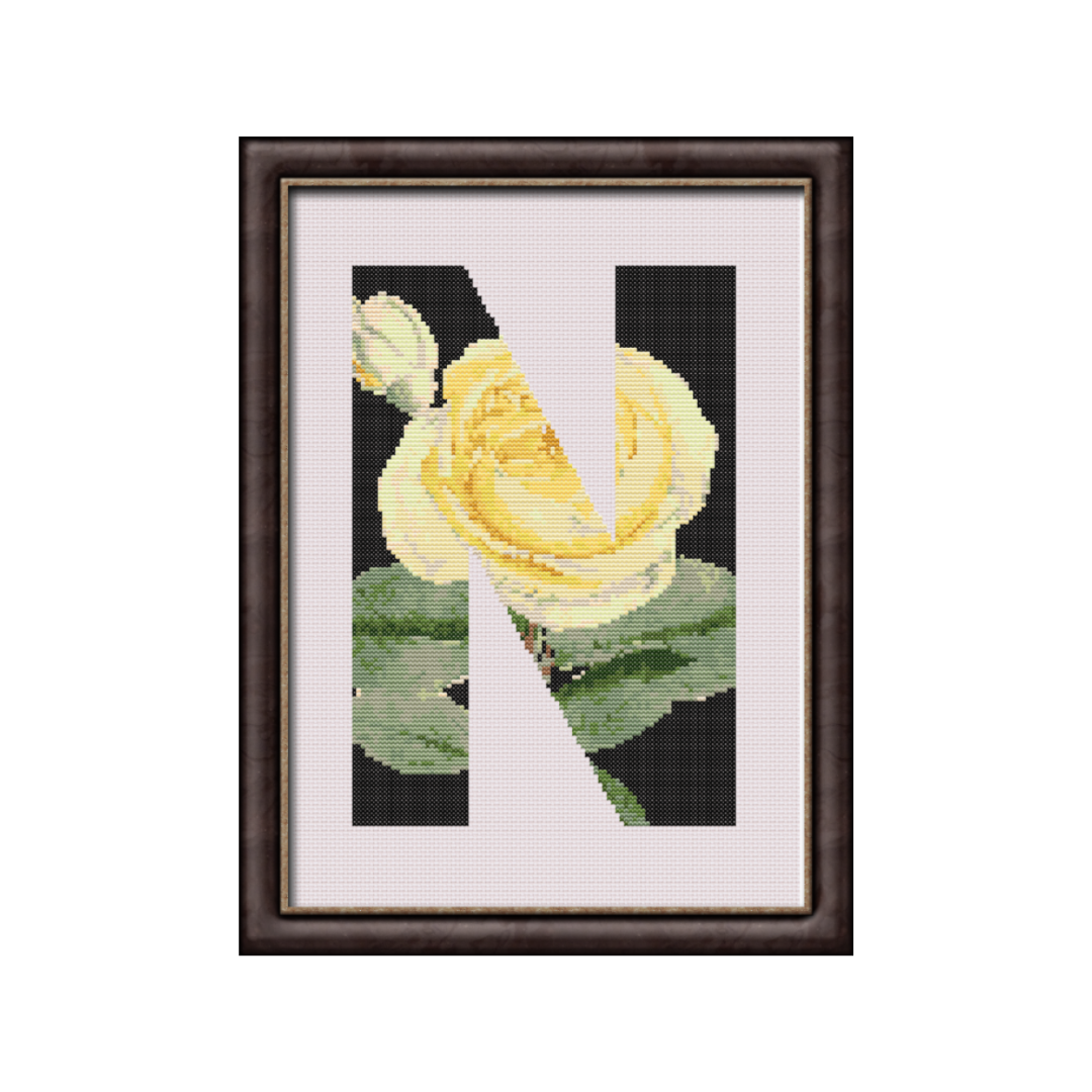 Yellow Rose on Black N Monogram Cross Stitch Pattern