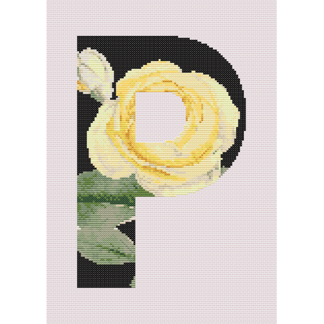 Yellow Rose on Black P Monogram Cross Stitch Pattern
