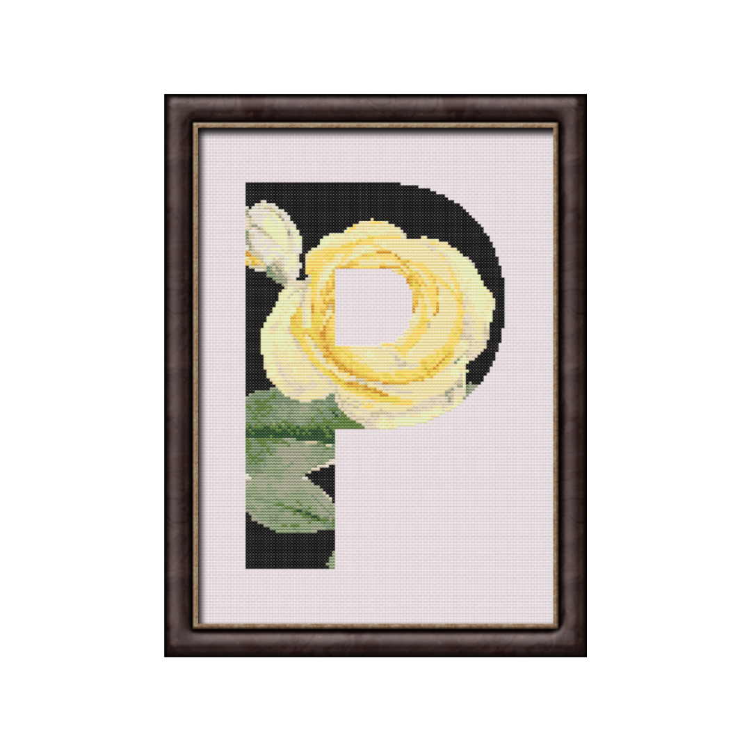 Yellow Rose on Black P Monogram Cross Stitch Pattern