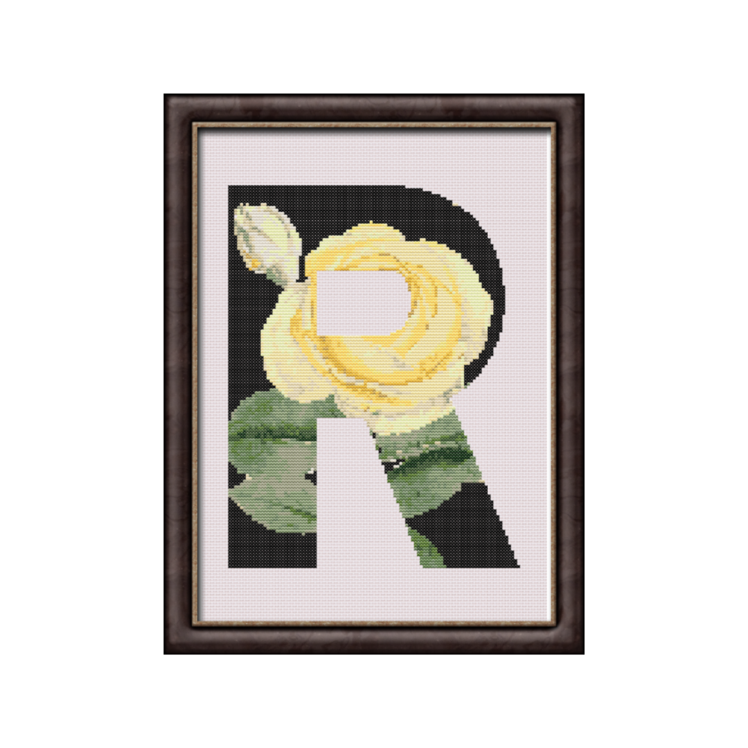 Yellow Rose on Black R Monogram Cross Stitch Pattern