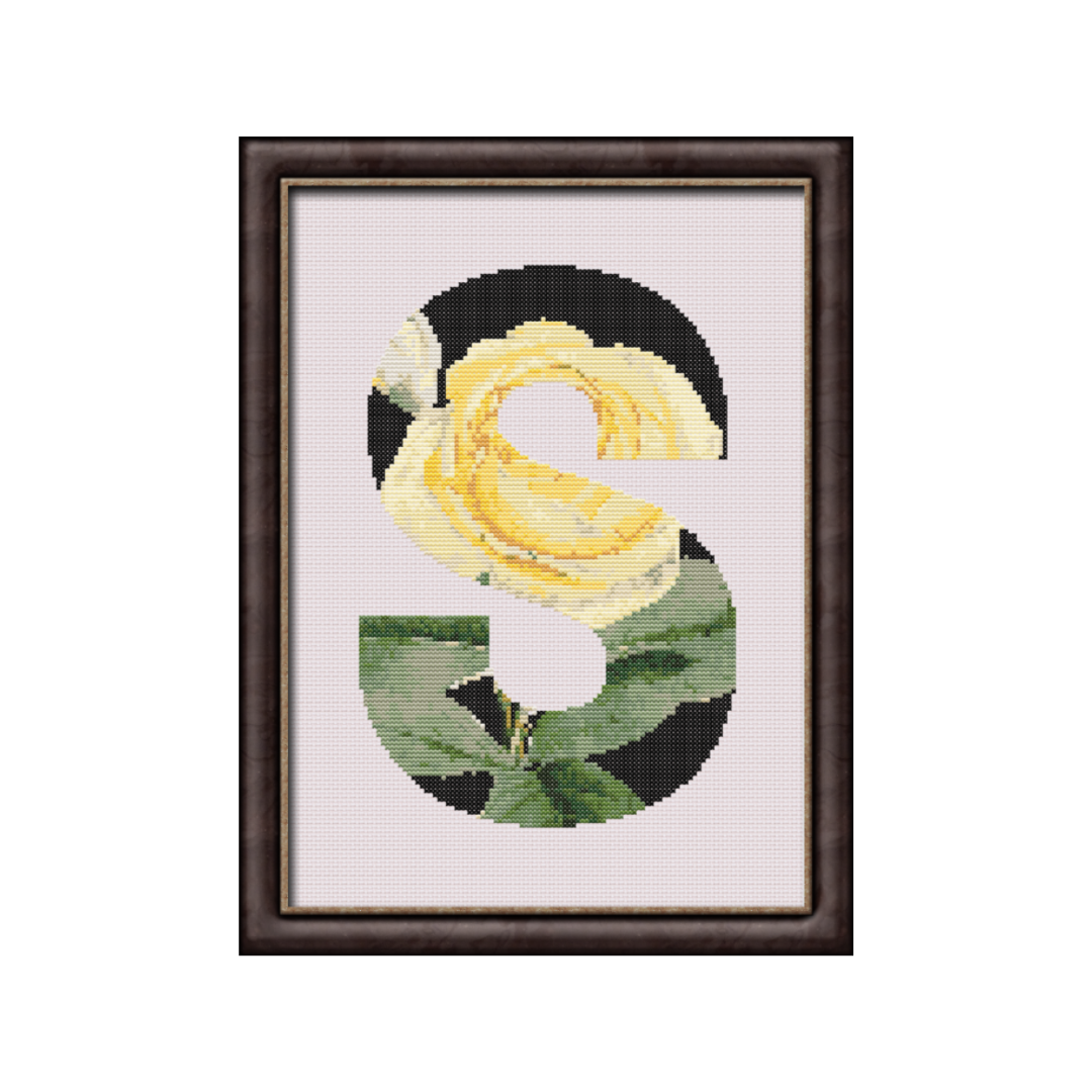 Yellow Rose on Black S Monogram Cross Stitch Pattern