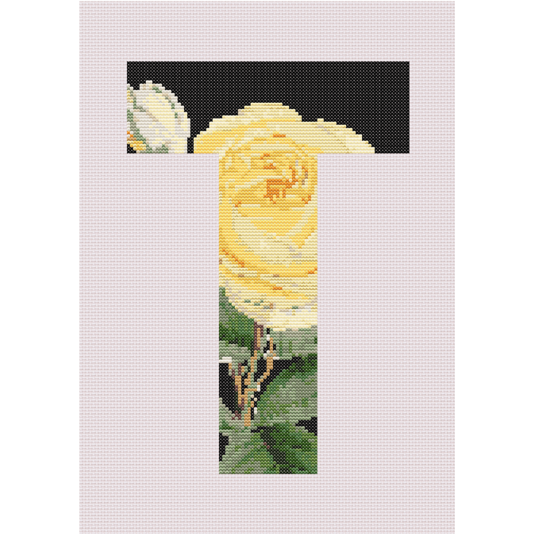 Yellow Rose on Black T Monogram Cross Stitch Pattern