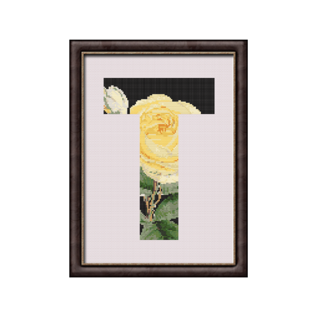 Yellow Rose on Black T Monogram Cross Stitch Pattern