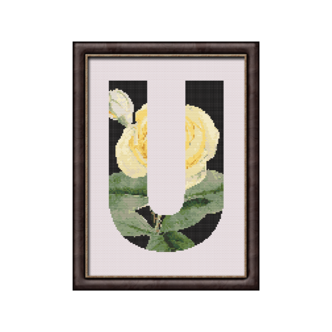 Yellow Rose on Black U Monogram Cross Stitch Pattern