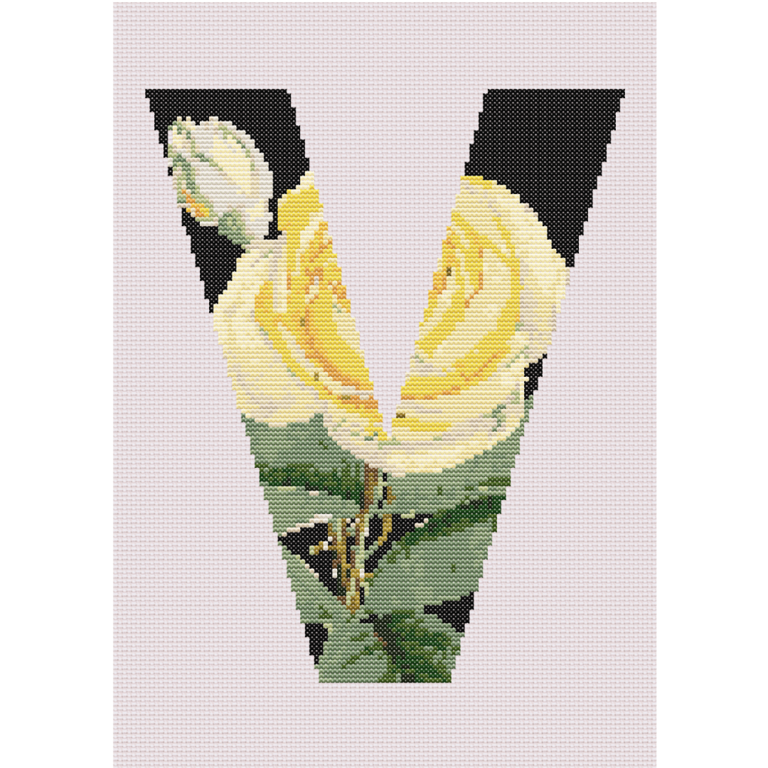 Yellow Rose on Black V Monogram Cross Stitch Pattern