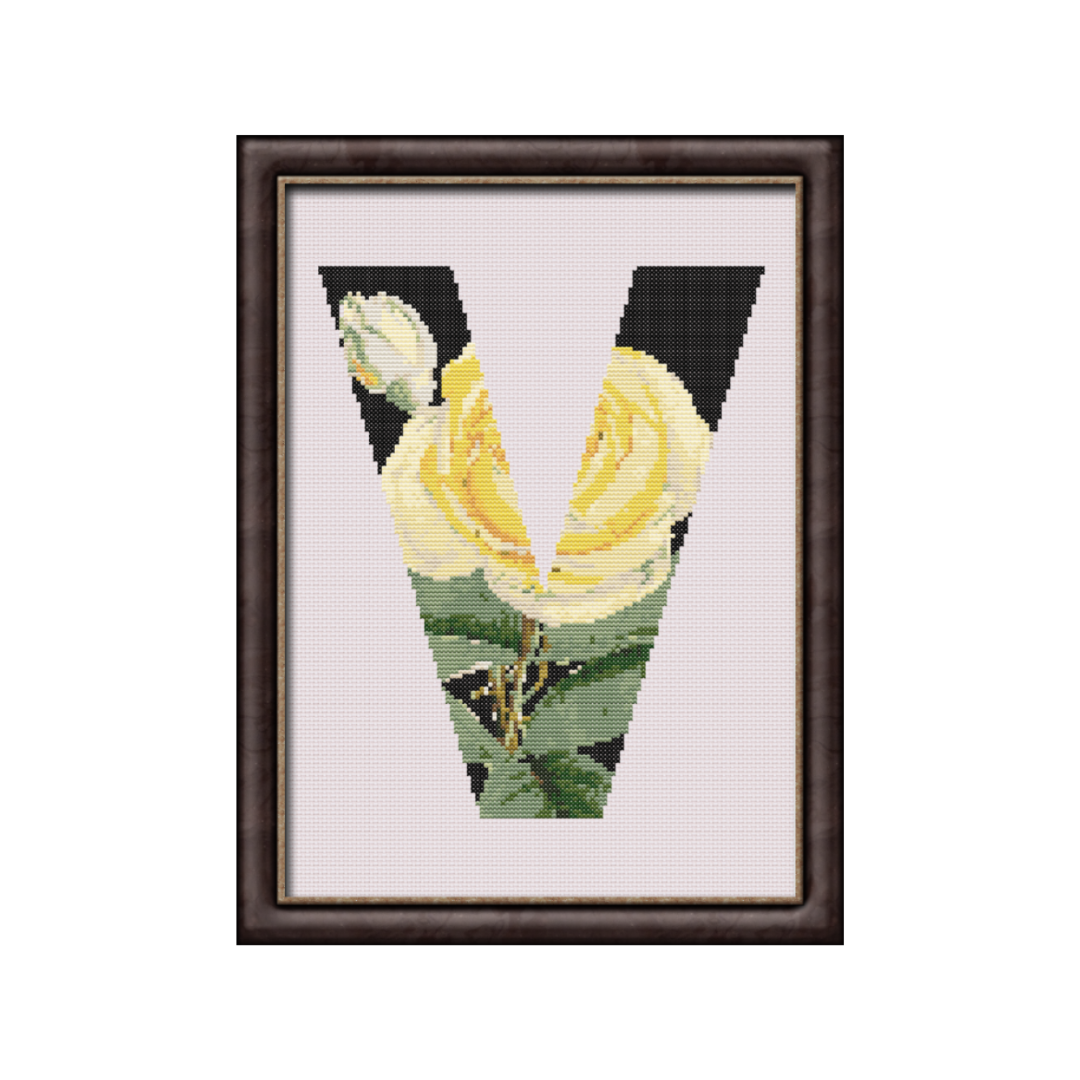 Yellow Rose on Black V Monogram Cross Stitch Pattern