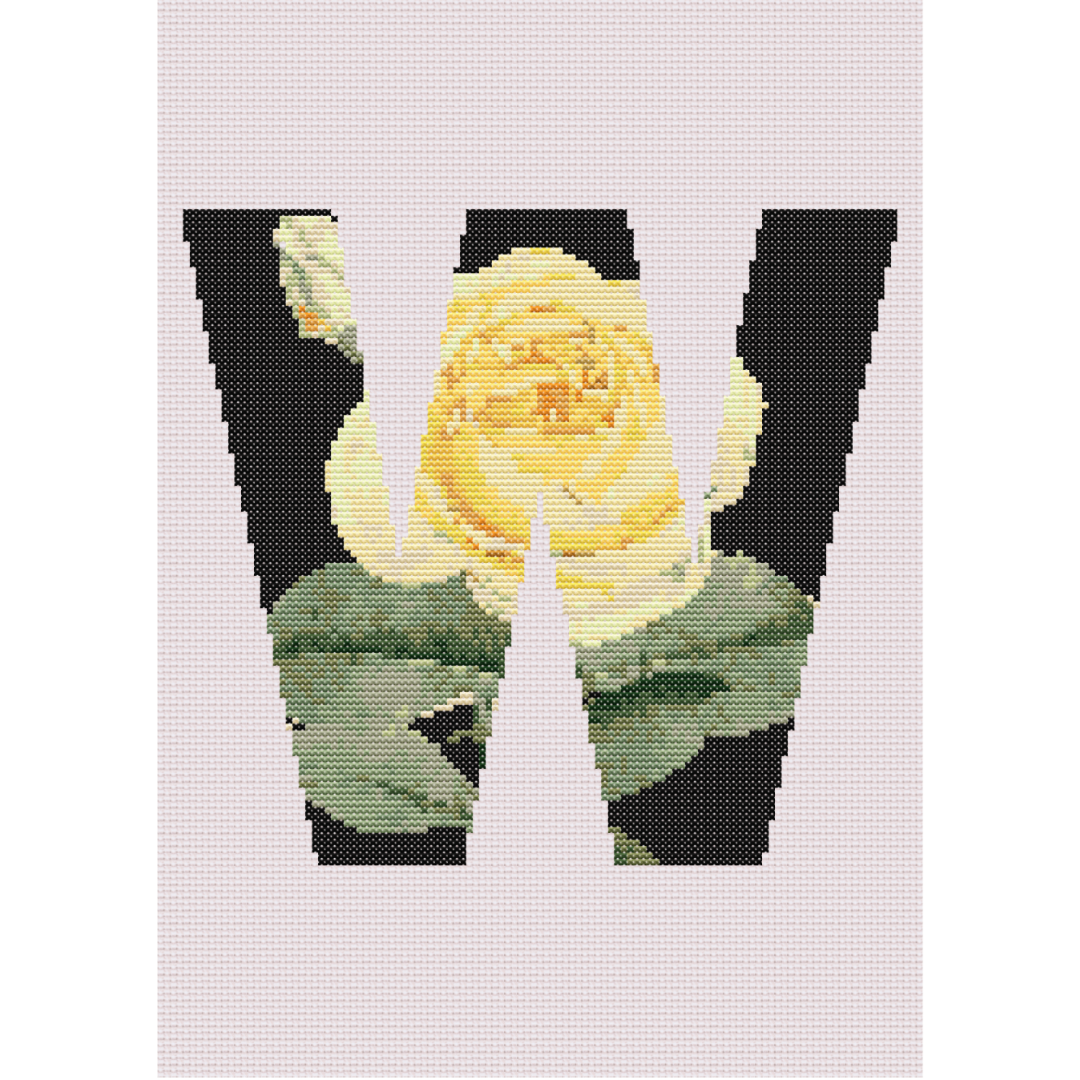 Yellow Rose on Black W Monogram Cross Stitch Pattern