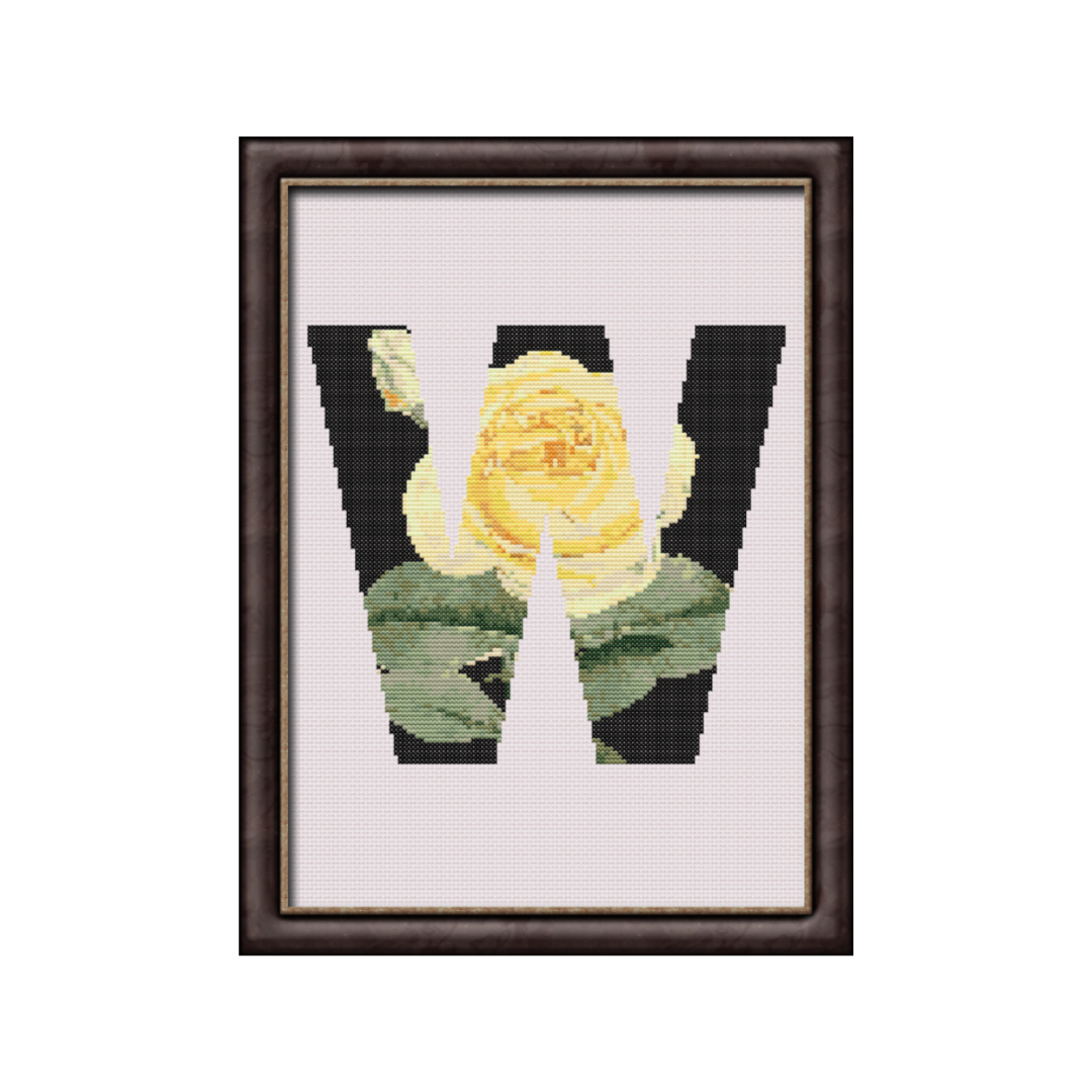 Yellow Rose on Black W Monogram Cross Stitch Pattern