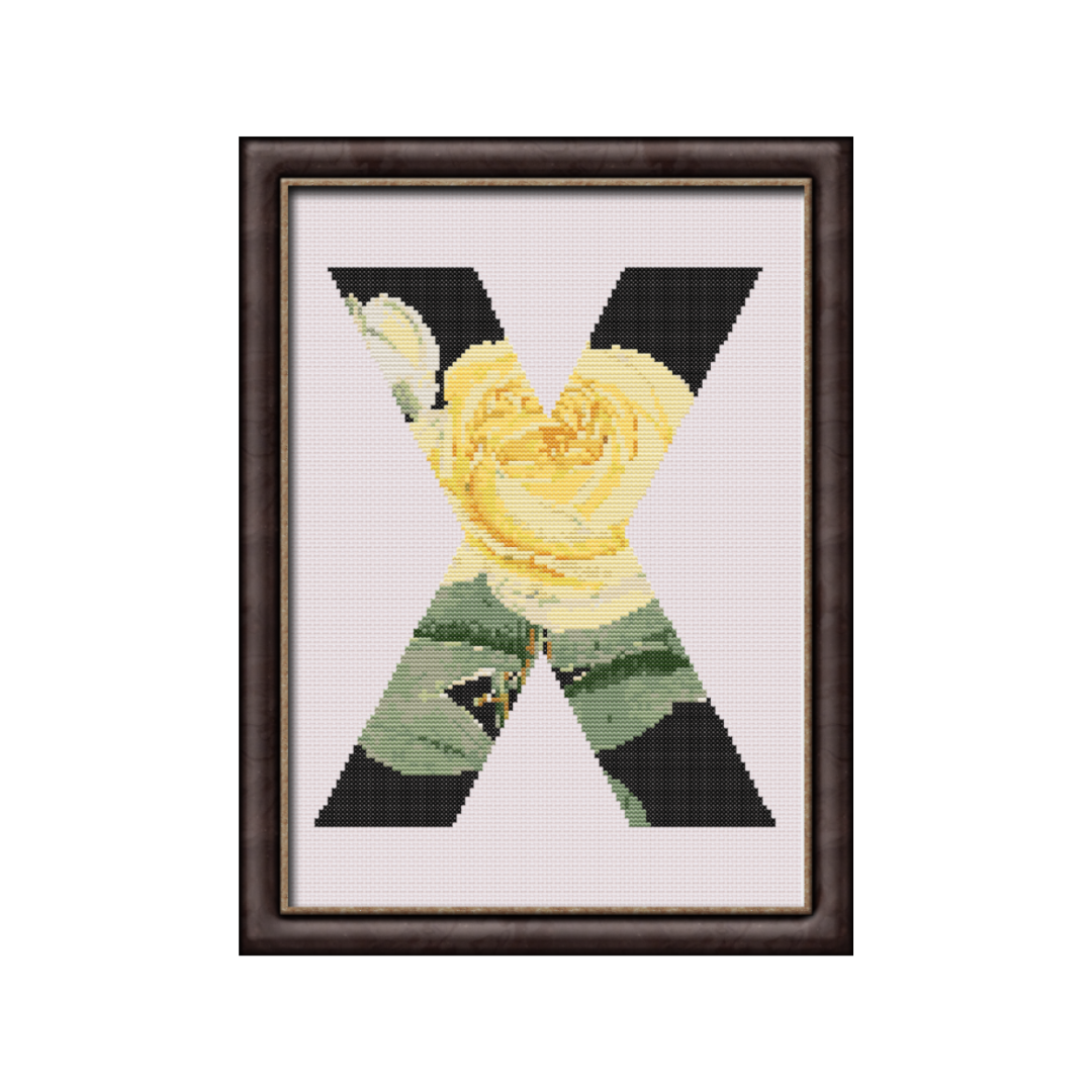 Yellow Rose on Black X Monogram Cross Stitch Pattern