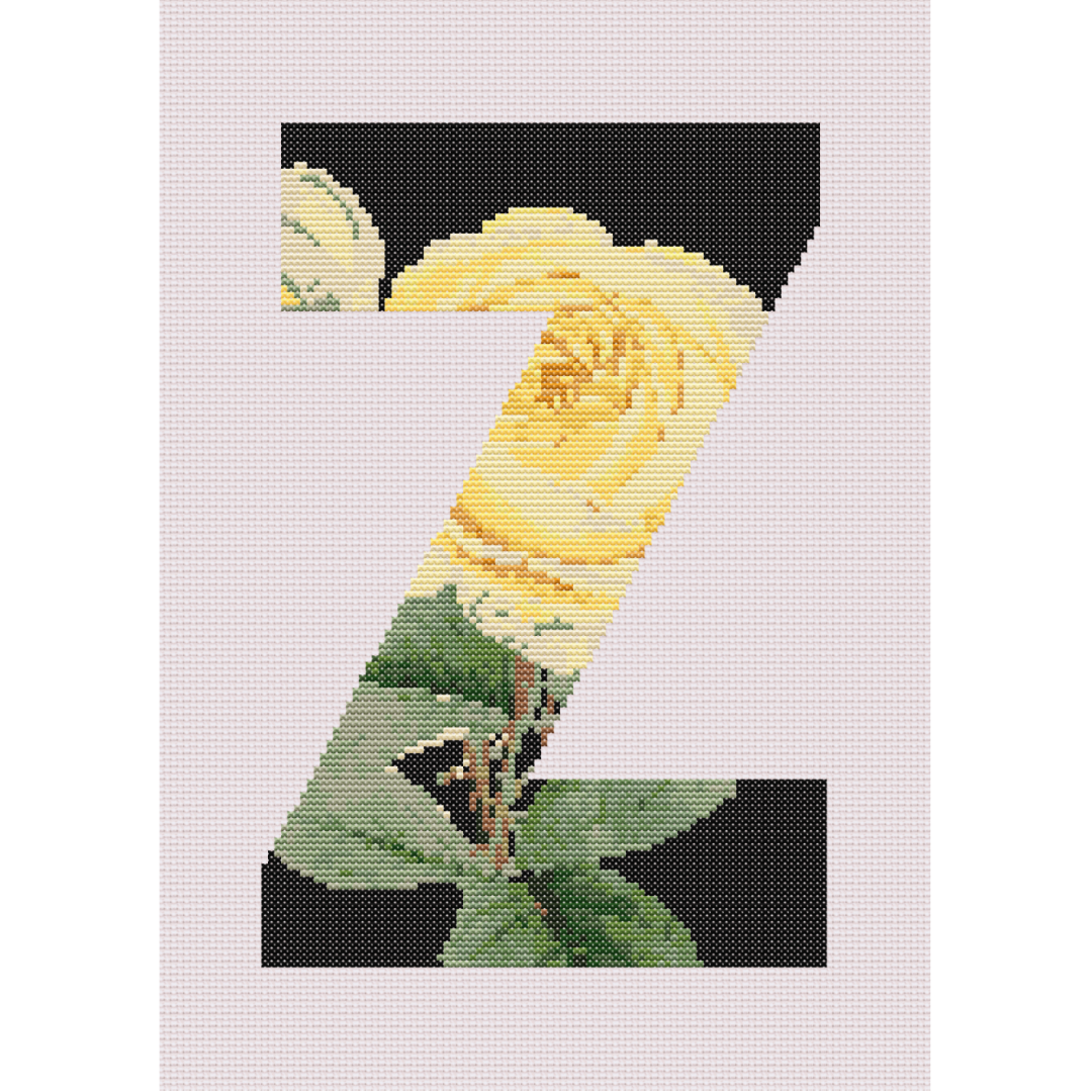 Yellow Rose on Black Z Monogram Cross Stitch Pattern