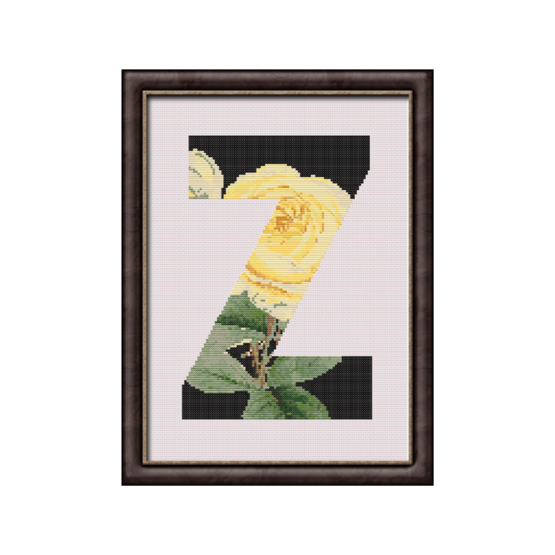 Yellow Rose on Black Z Monogram Cross Stitch Pattern