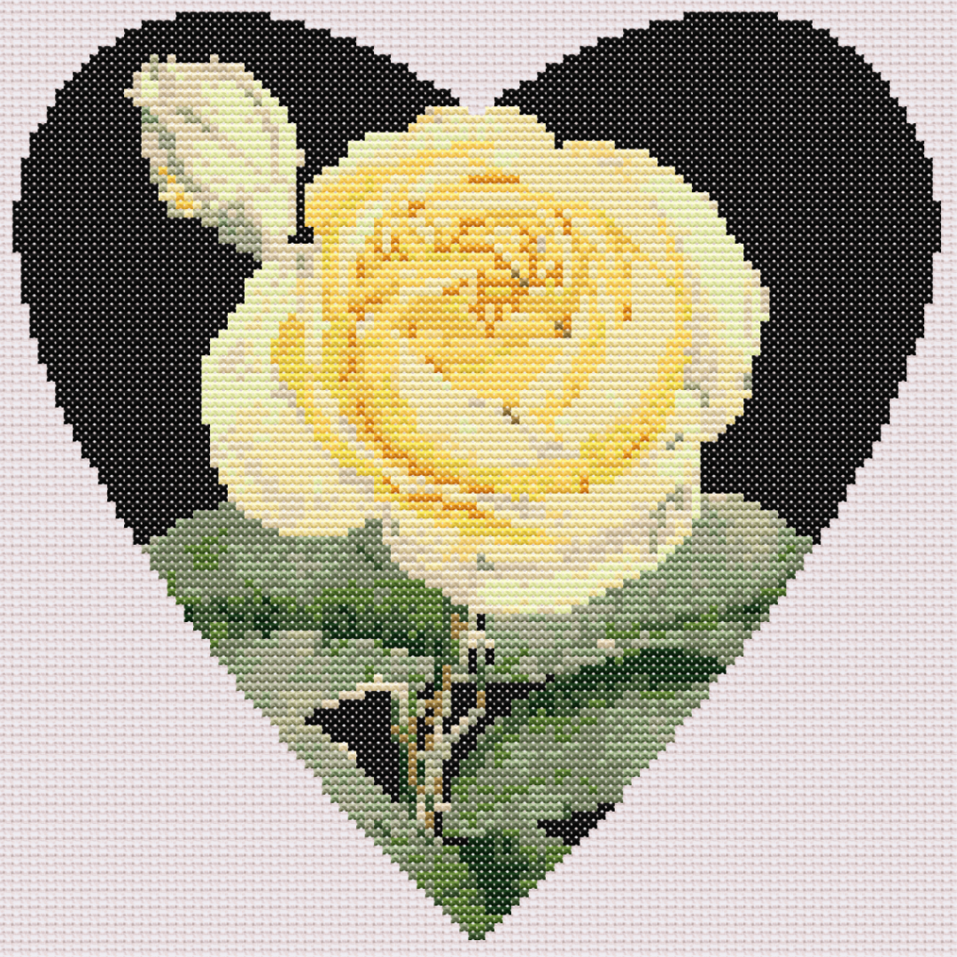 Yellow Rose on Black Heart Cross Stitch Pattern