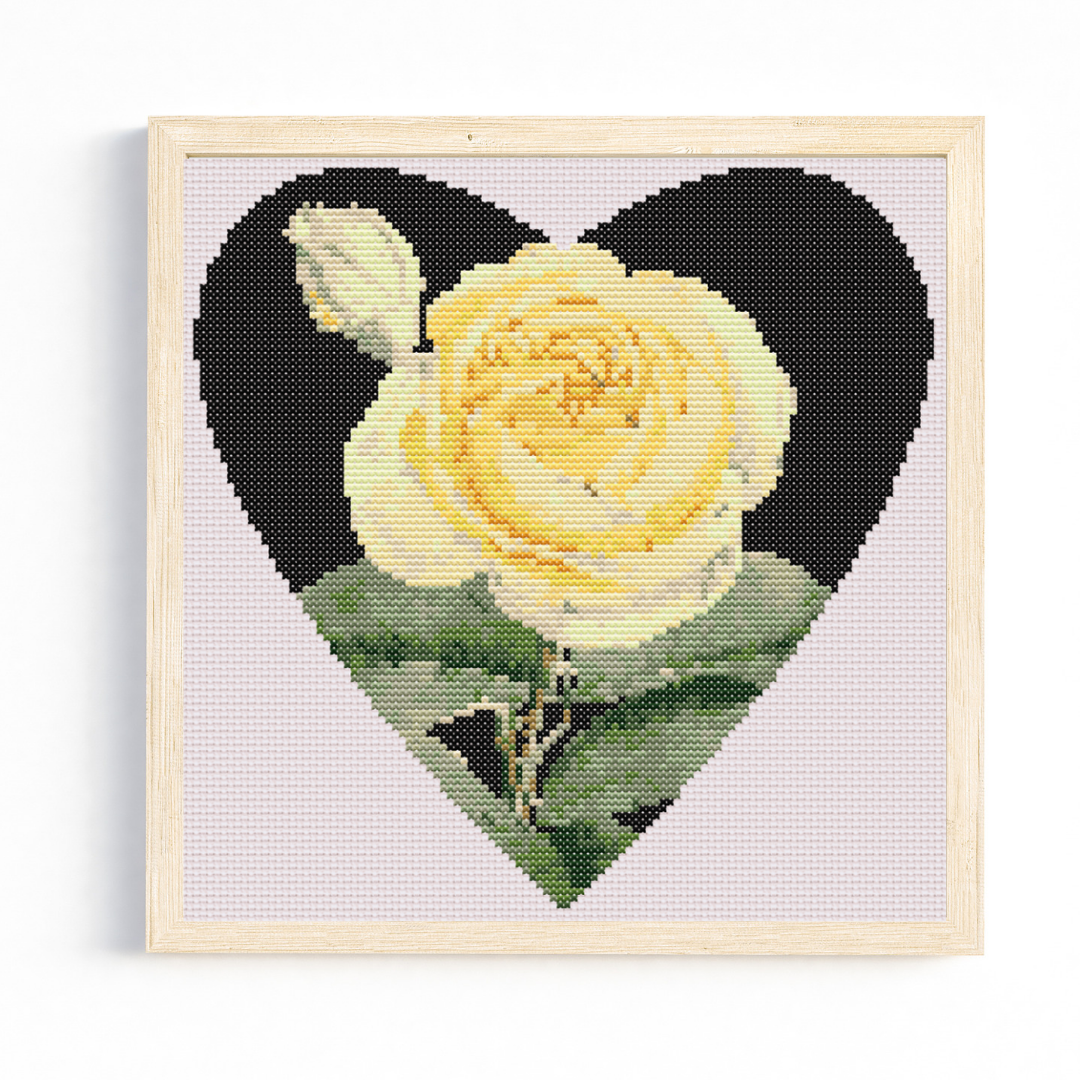 Yellow Rose on Black Heart Cross Stitch Pattern