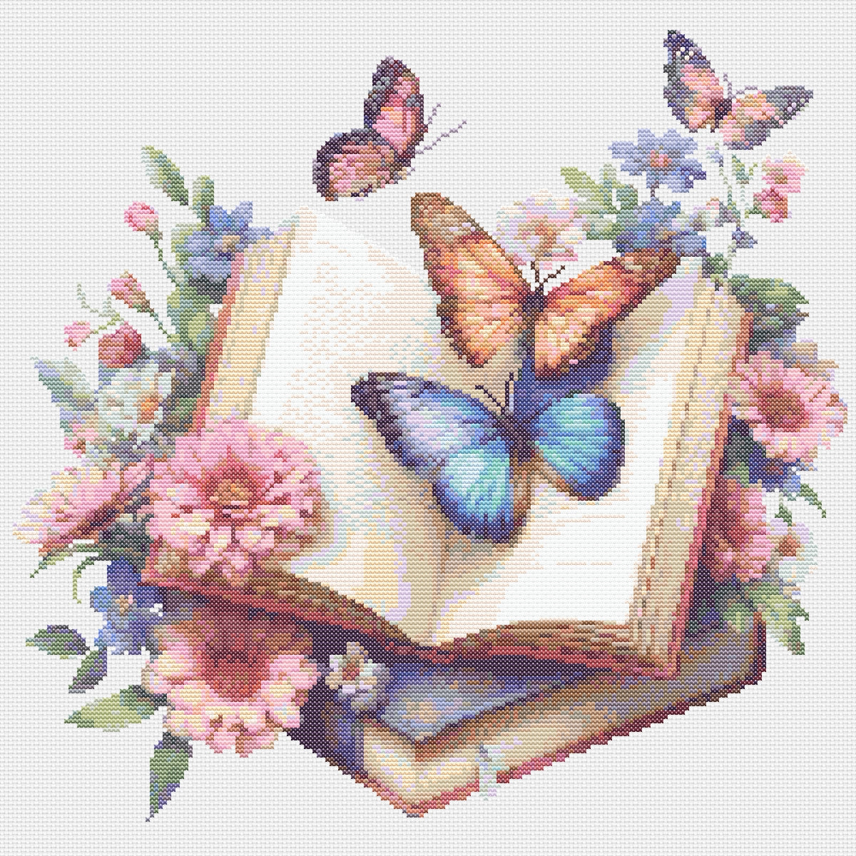 Book with flowers and butterflies cross stitch pattern