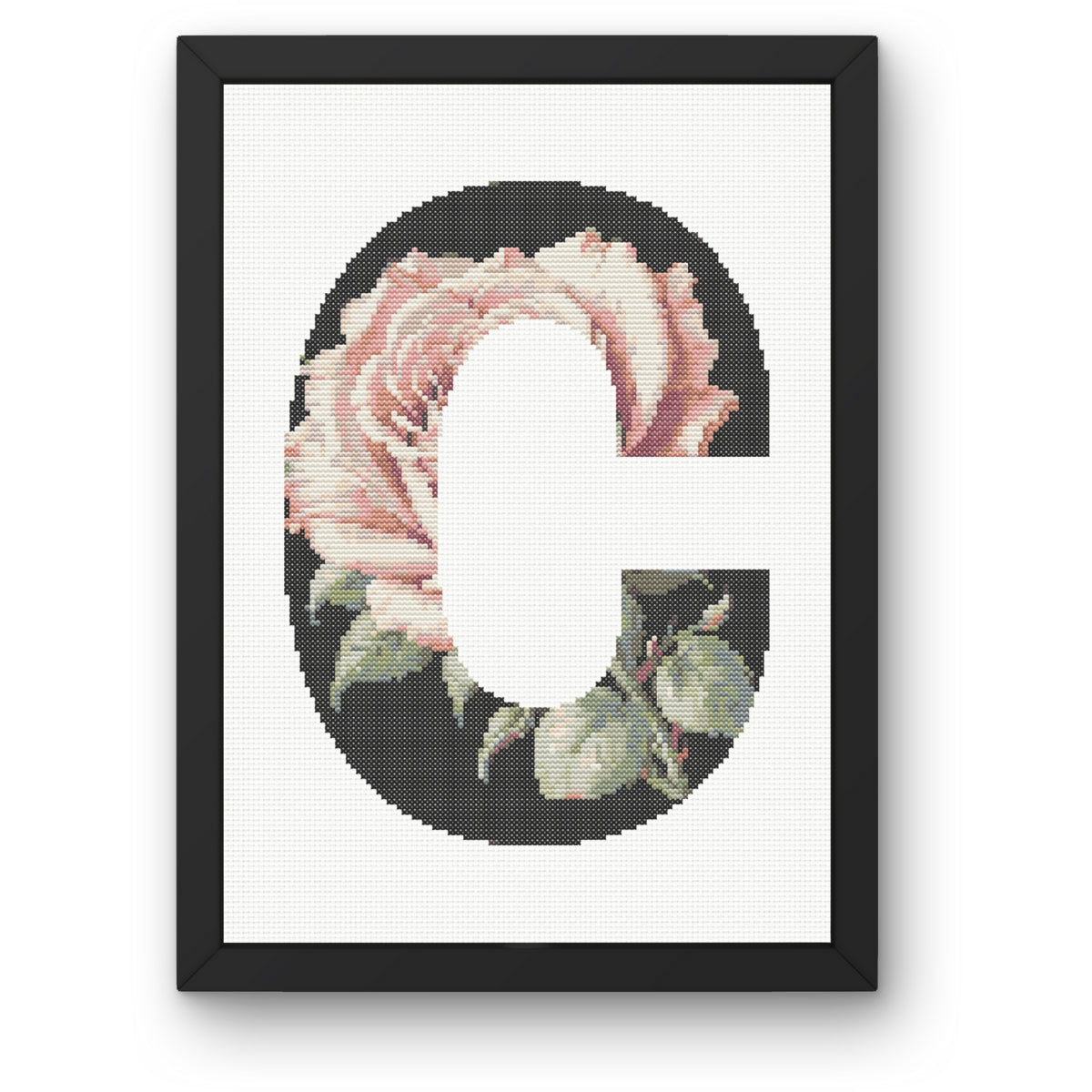 Pink Rose on Black C Monogram Cross Stitch Pattern