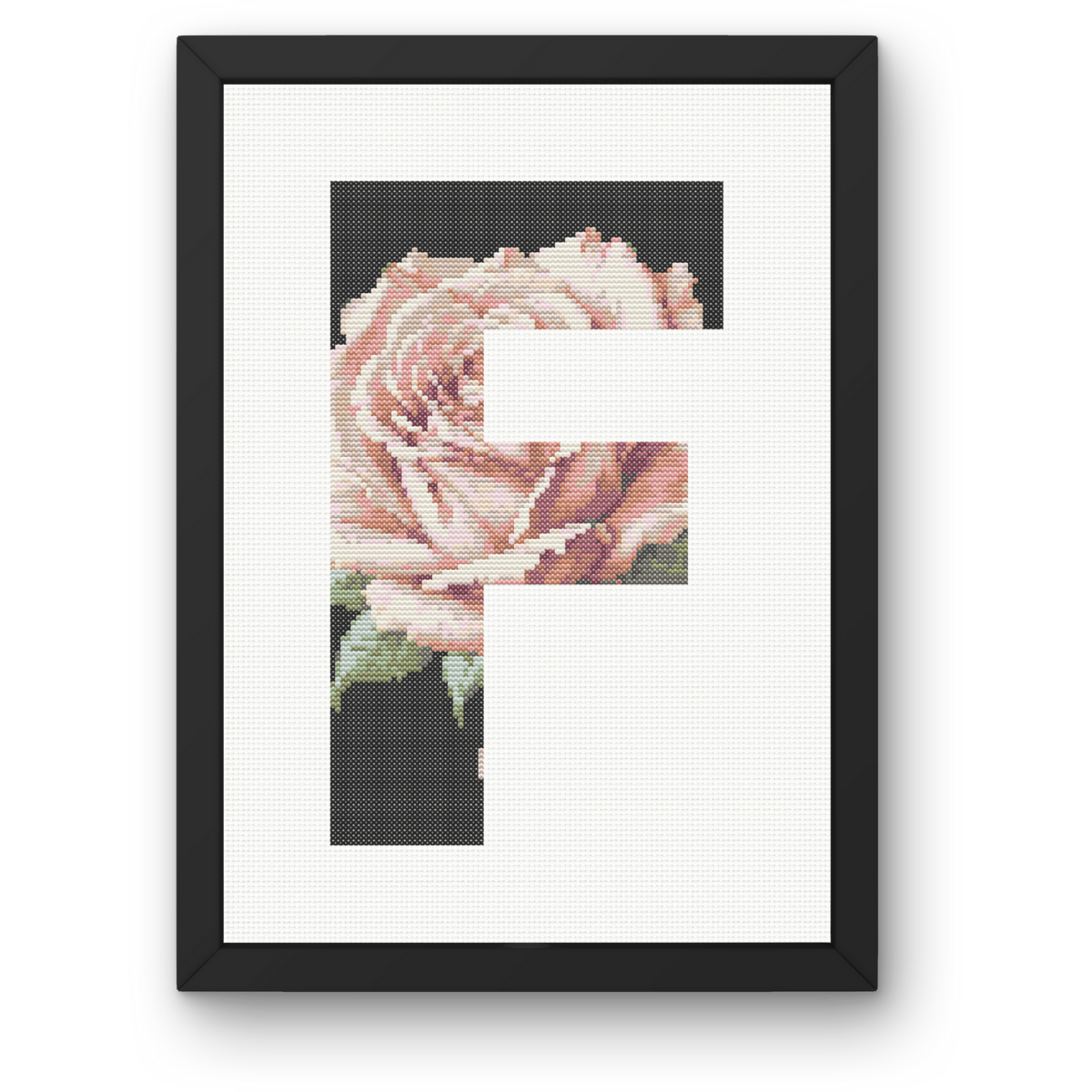 Pink Rose on Black F Monogram Cross Stitch Pattern