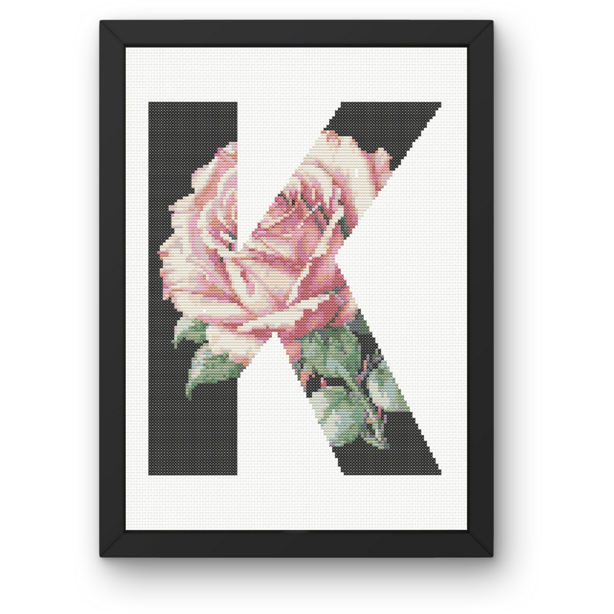 Pink Rose on Black K Monogram Cross Stitch