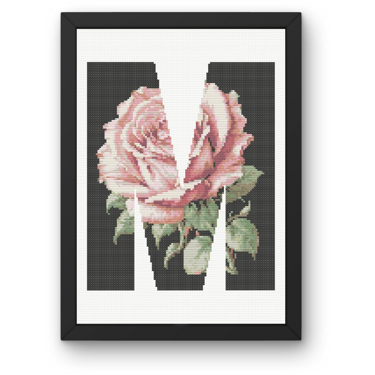Pink Rose on Black M Monogram Cross Stitch Pattern