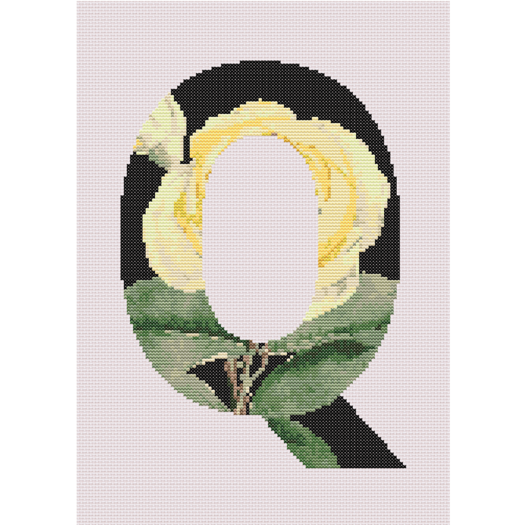 Yellow Rose on Black Q Monogram Cross Stitch Pattern