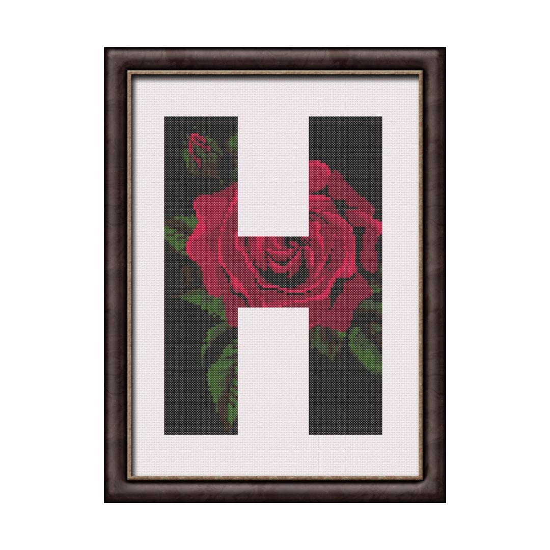 Red Rose on Black H Monogram Cross Stitch Pattern