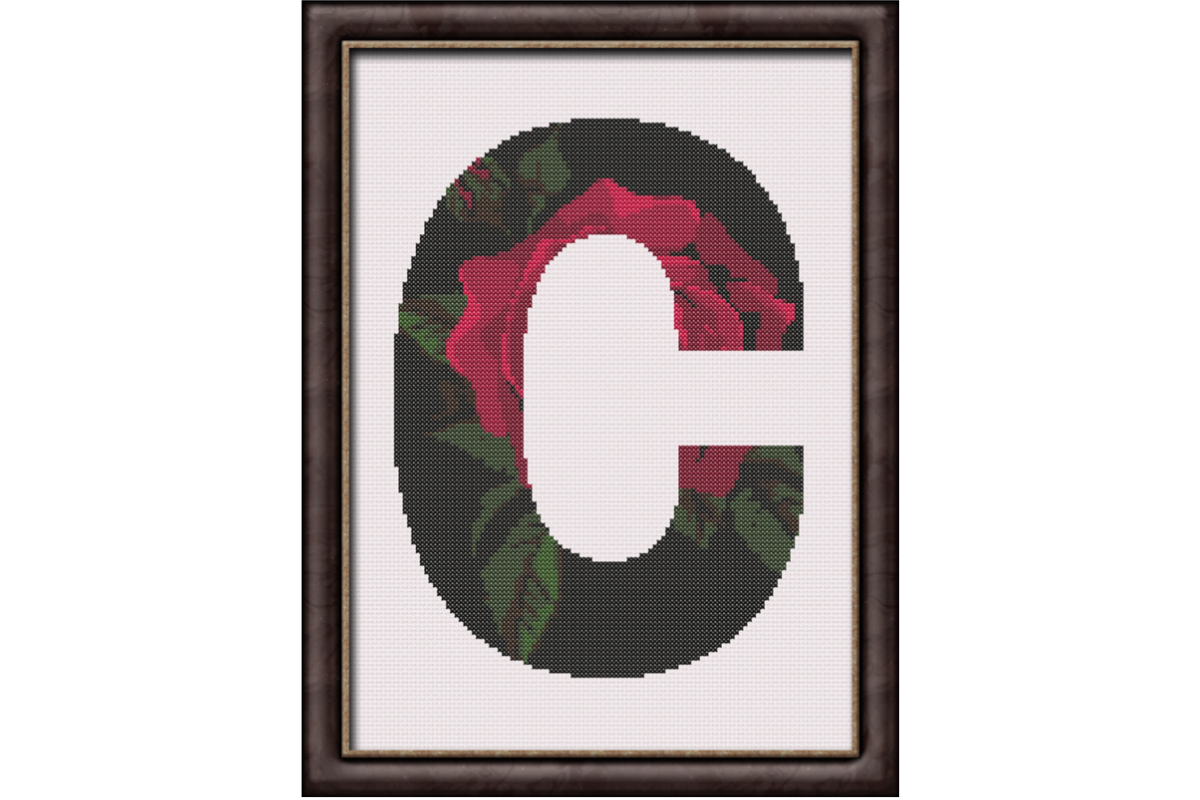 Red Rose on Black C Monogram Cross Stitch Pattern