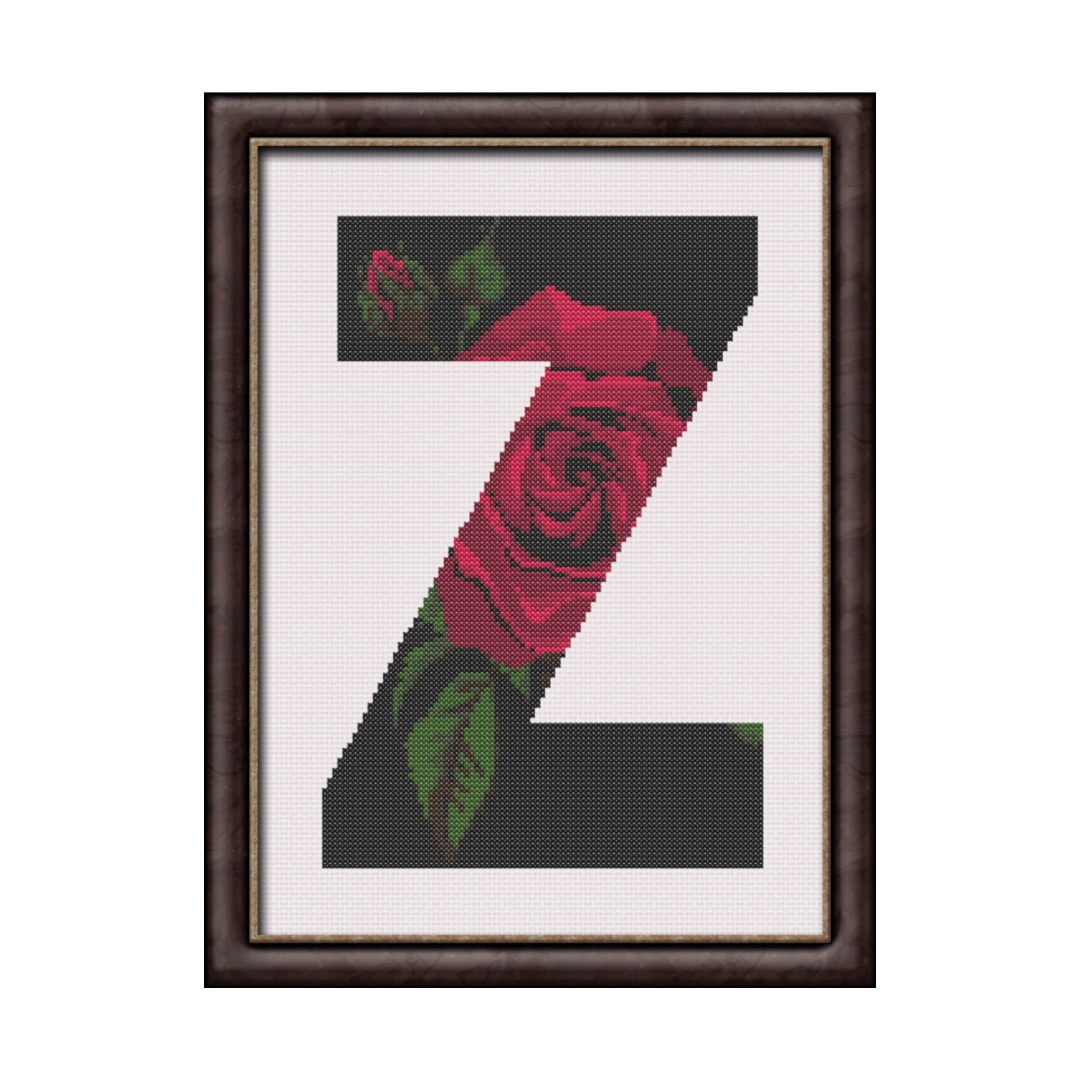 Red Rose on Black Z Monogram Cross Stitch Pattern