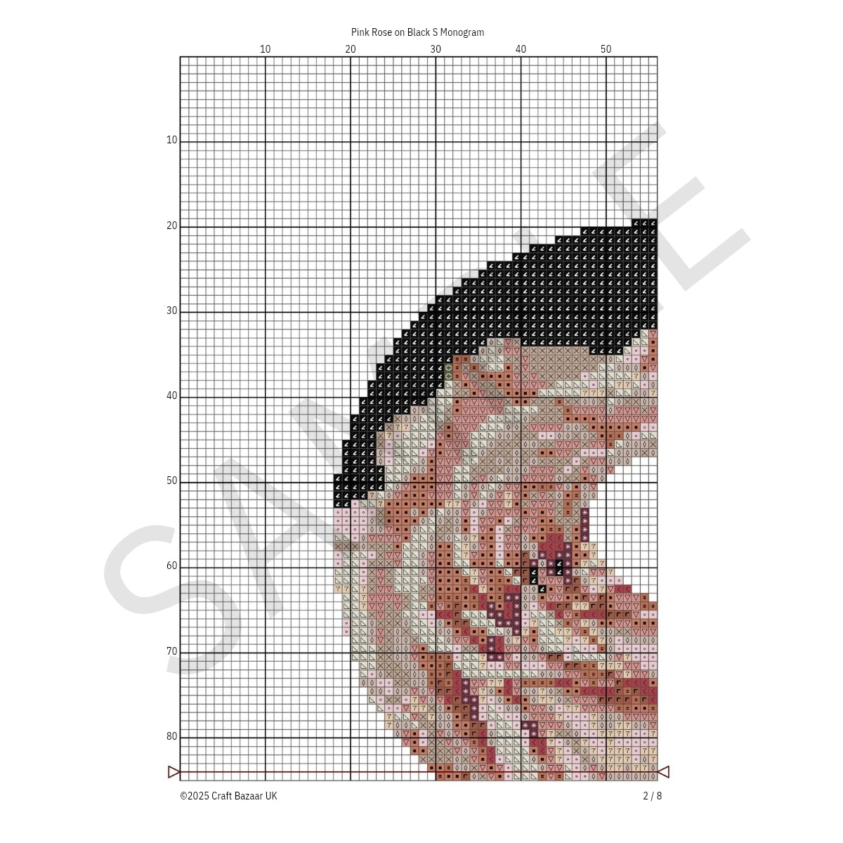 Pink Rose on Black S Monogram Cross Stitch Pattern