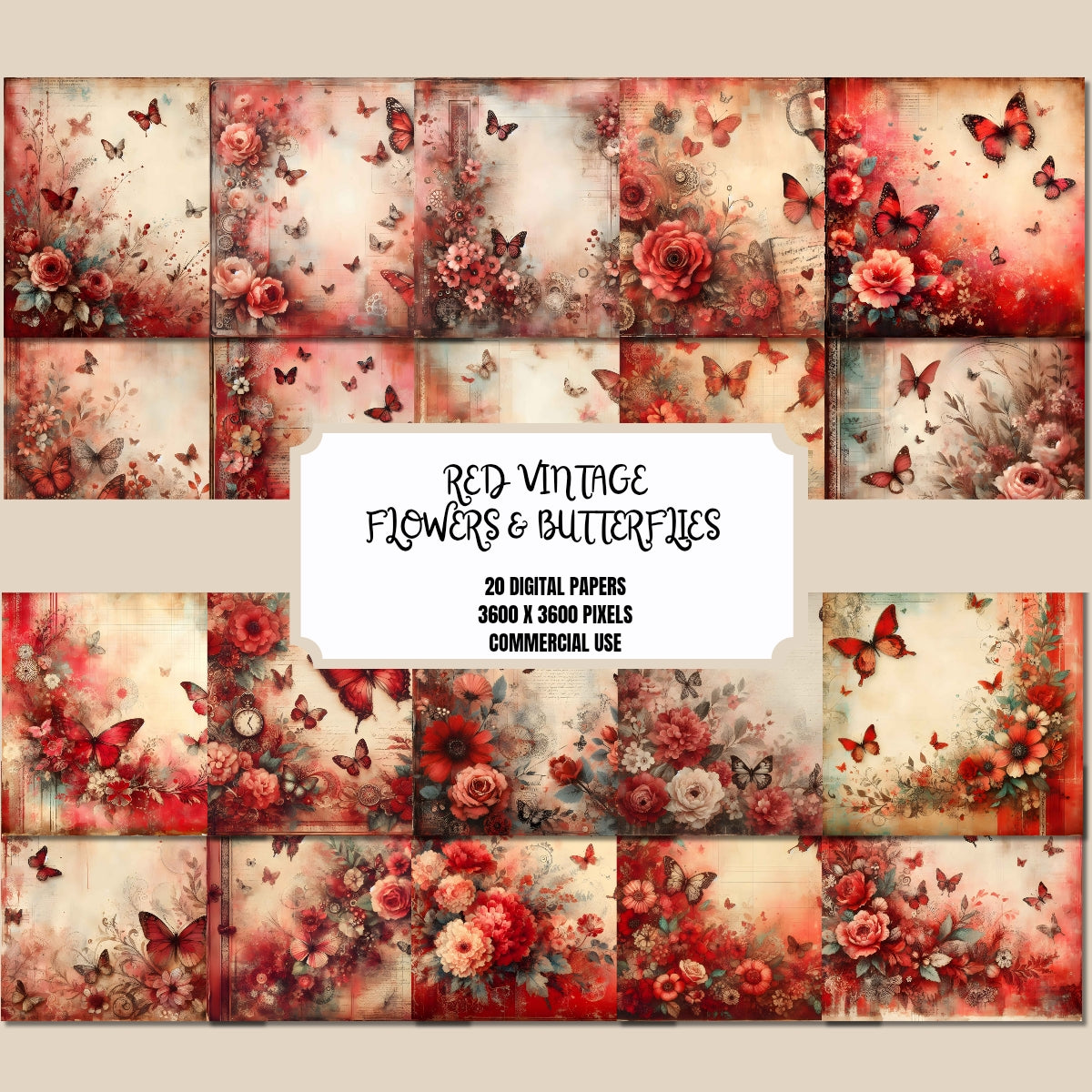Red Vintage Flowers and Butterflies Digital Paper