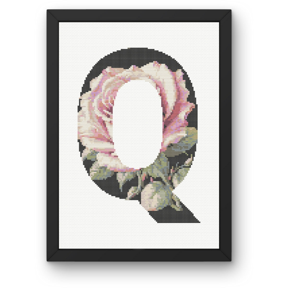 Pink Rose on Black Q Monogram Cross Stitch Pattern