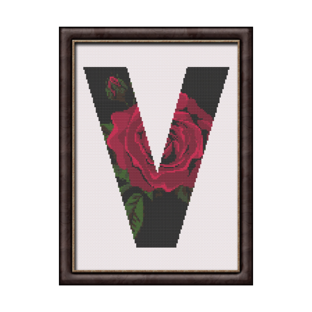 Red Rose on Black V Monogram Cross Stitch Pattern