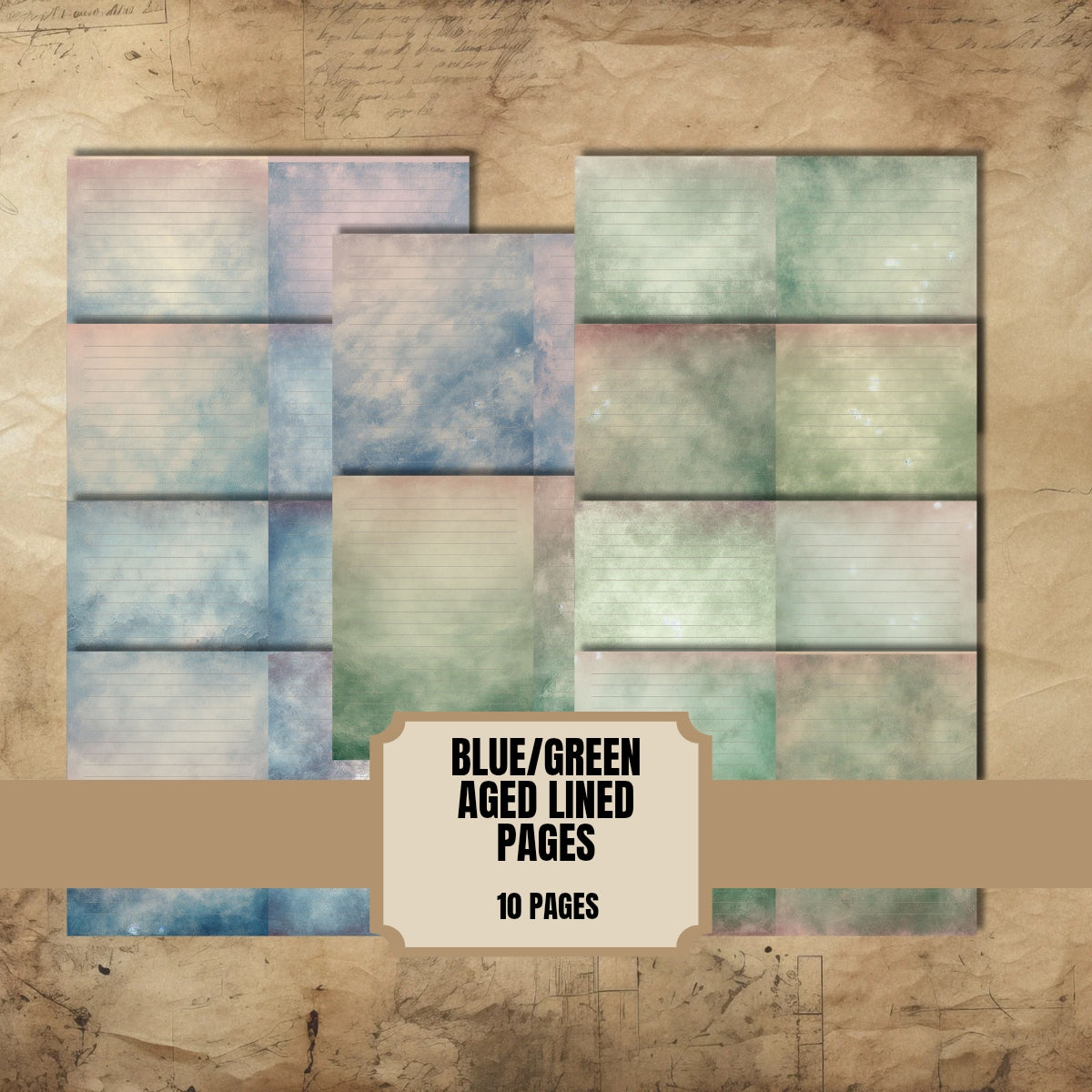 Blue Green Aged Lined Junk Journal Pages