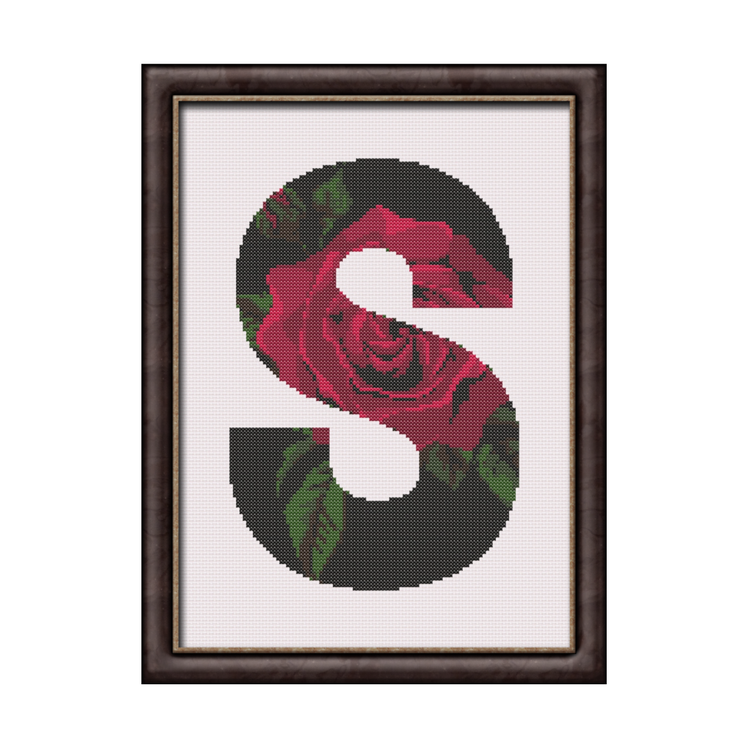 Red Rose on Black S Monogram Cross Stitch Pattern