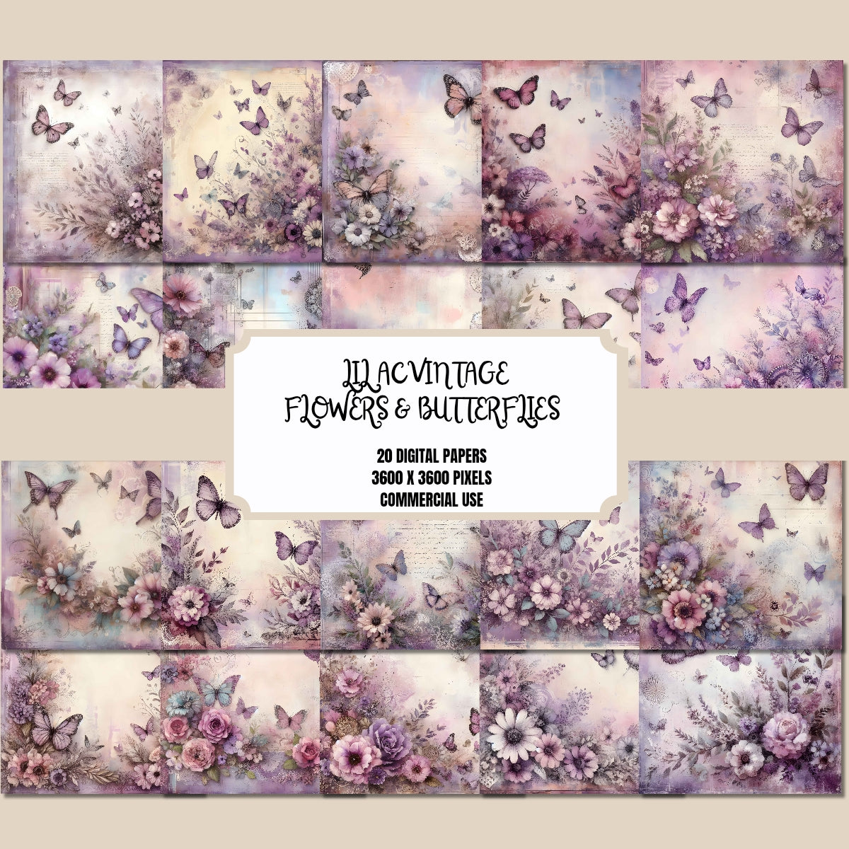 Lilac Vintage Flowers & Butterflies Digital Paper