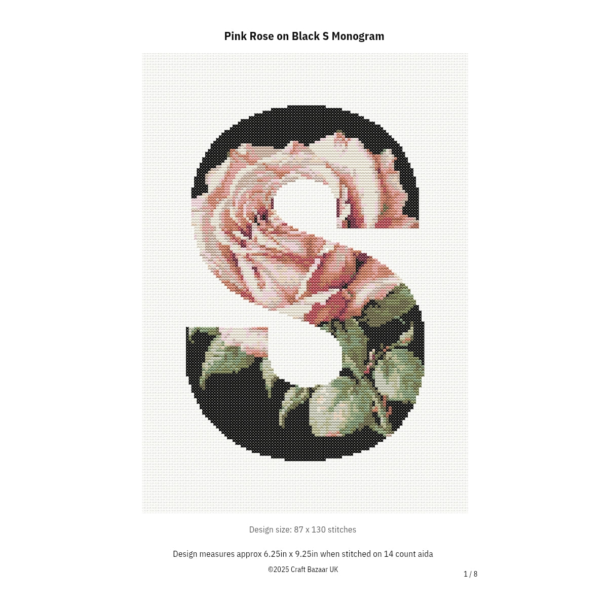 Pink Rose on Black S Monogram Cross Stitch Pattern