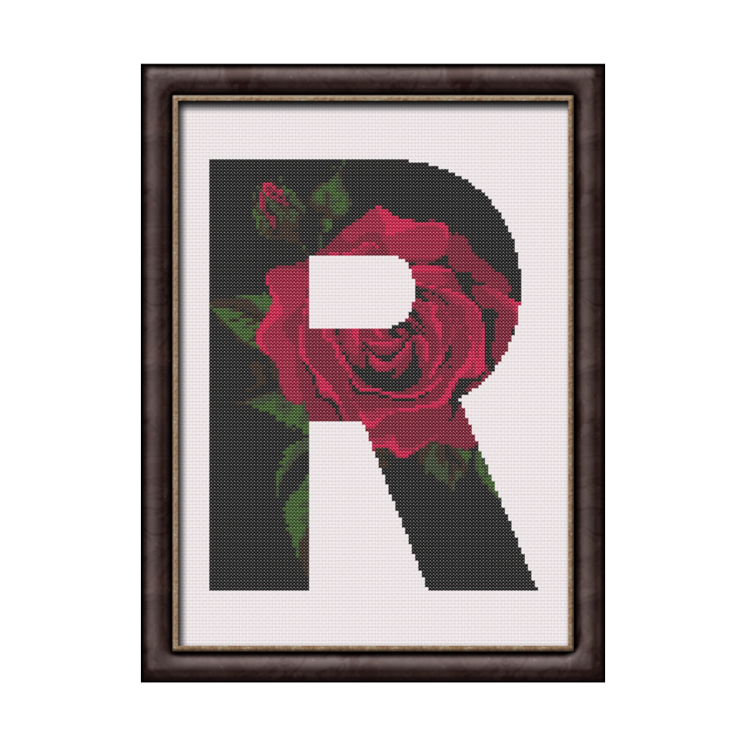 Red Rose on Black R Monogram Cross Stitch Pattern