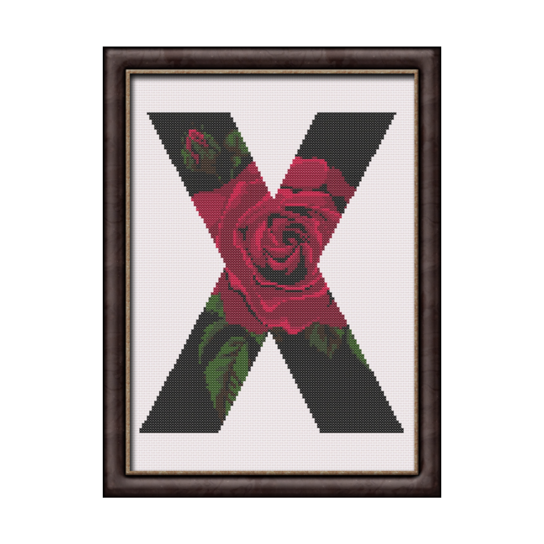 Red Rose on Black X Monogram Cross Stitch Pattern
