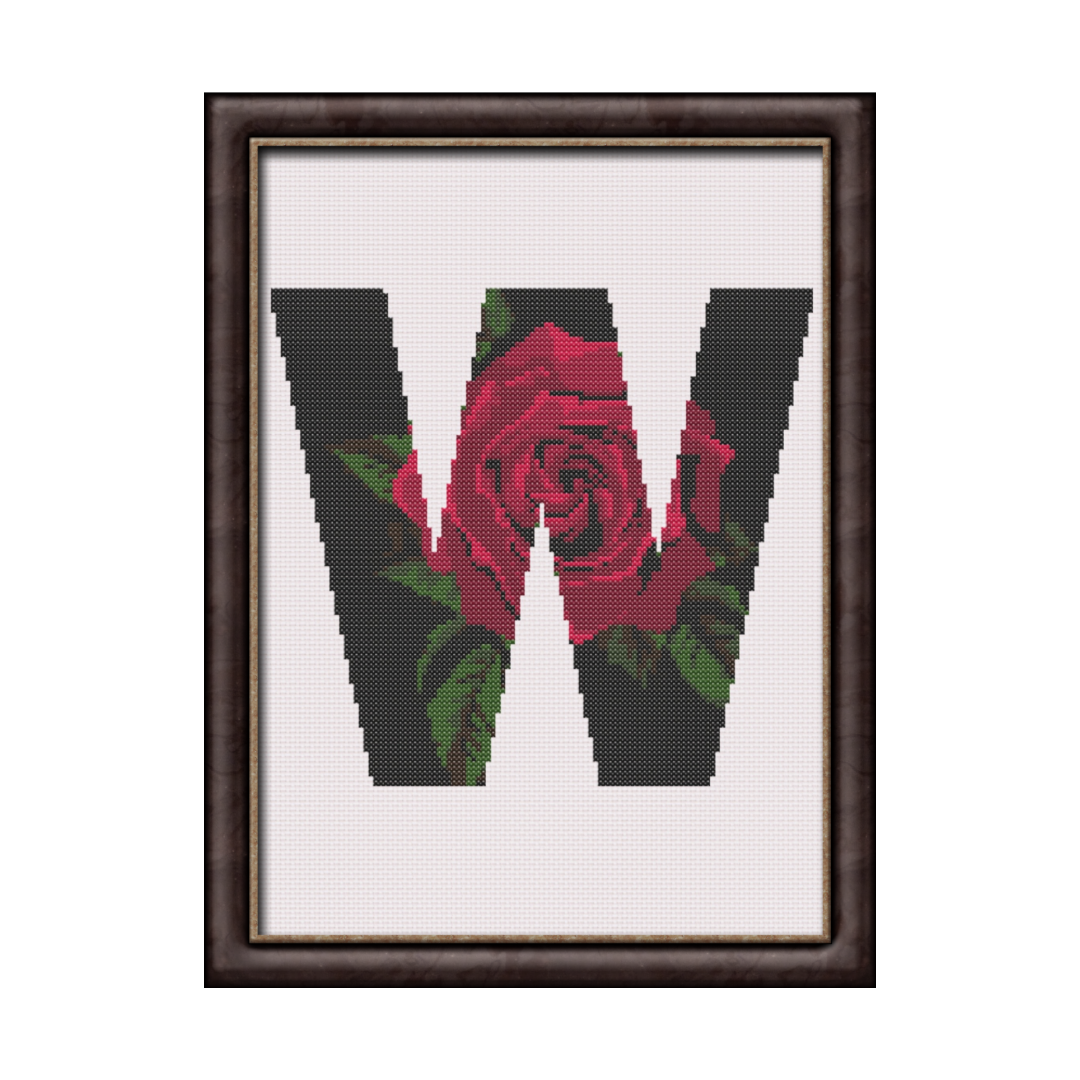 Red Rose on Black W Monogram Cross Stitch Pattern