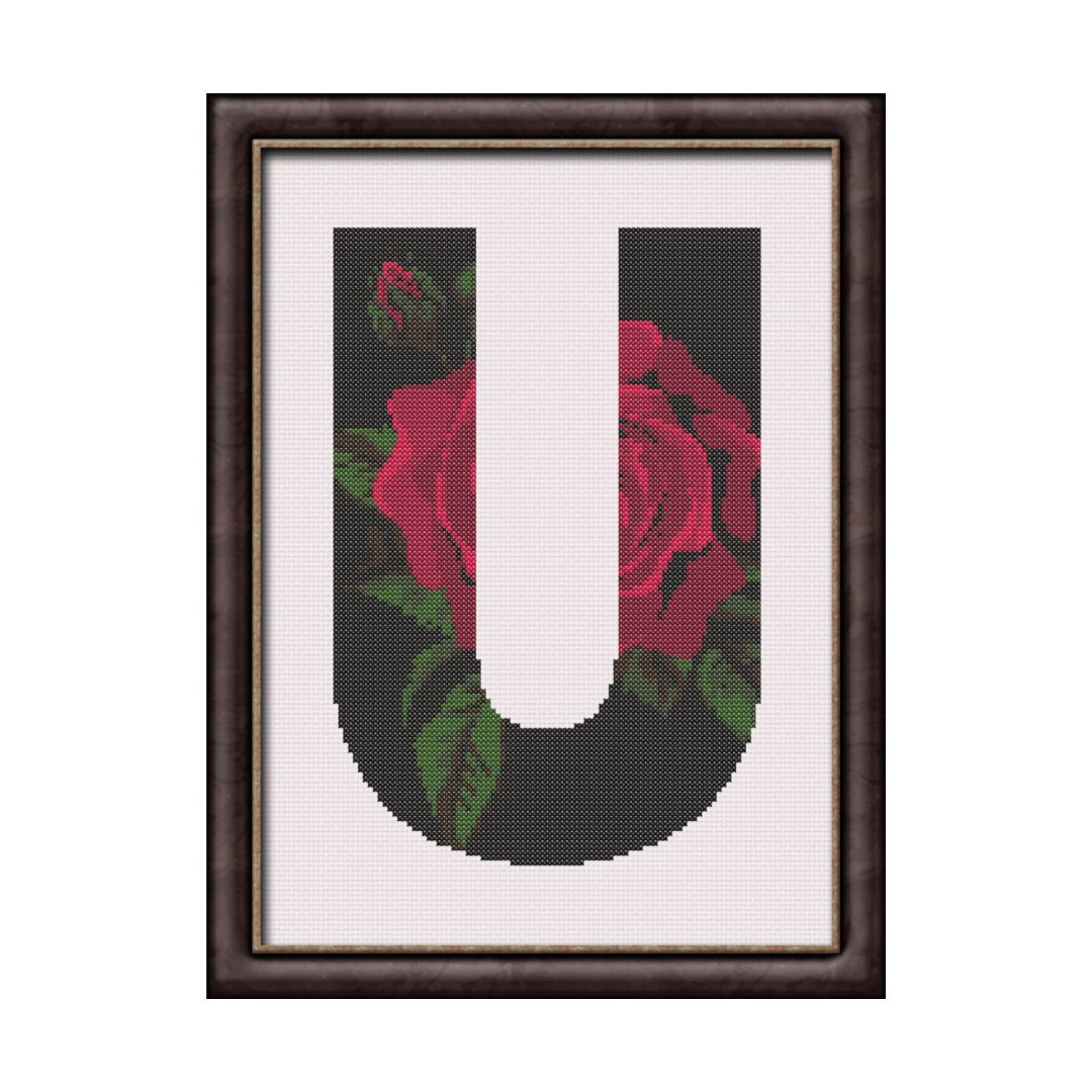 Red Rose on Black U Monogram Cross Stitch Pattern