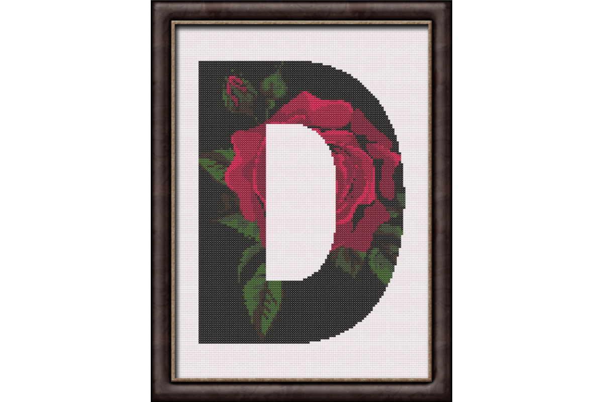Red Rose on Black D Monogram Cross Stitch Pattern