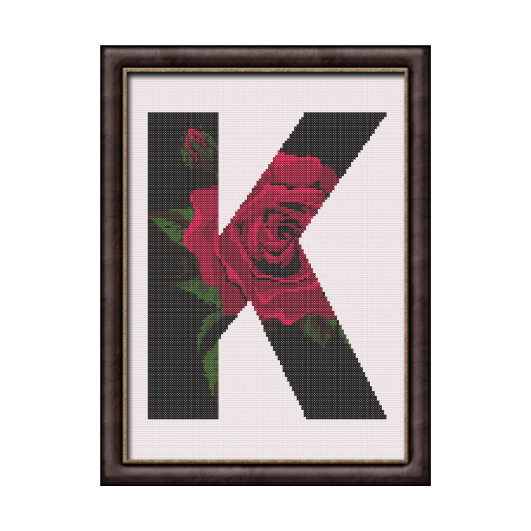 Red Rose on Black K Monogram Cross Stitch Pattern