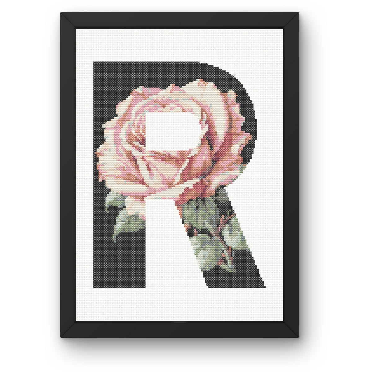 Pink Rose on Black R Monogram Cross Stitch Pattern