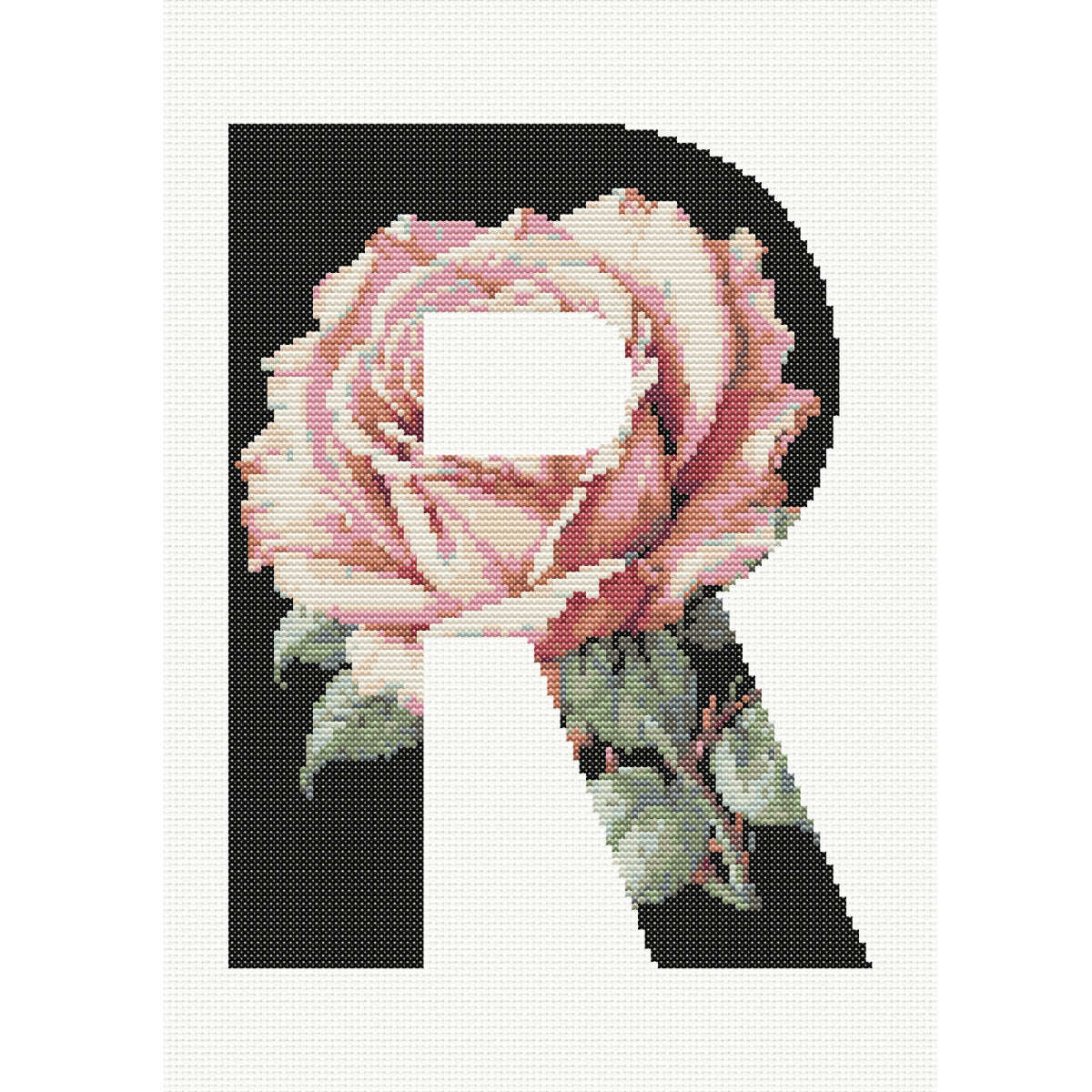 Pink Rose on Black R Monogram Cross Stitch Pattern