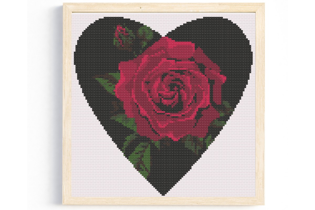Red Rose on Black Heart Cross Stitch Pattern