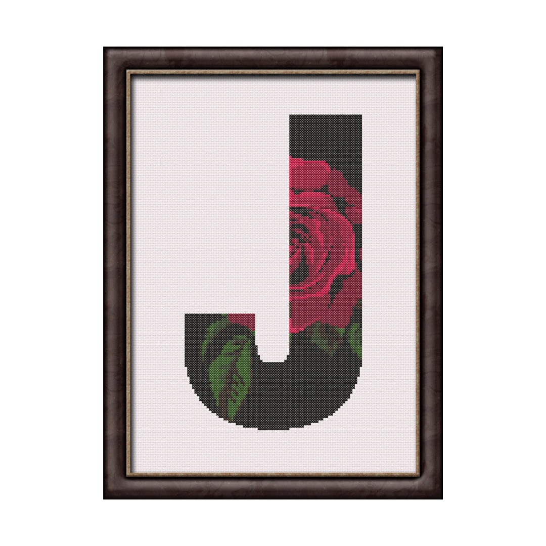 Red Rose on Black J Monogram Cross Stitch Pattern